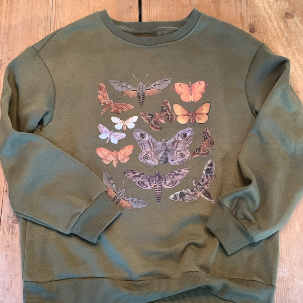 Moth/ butterfly print olive green crew nature sweatshirt